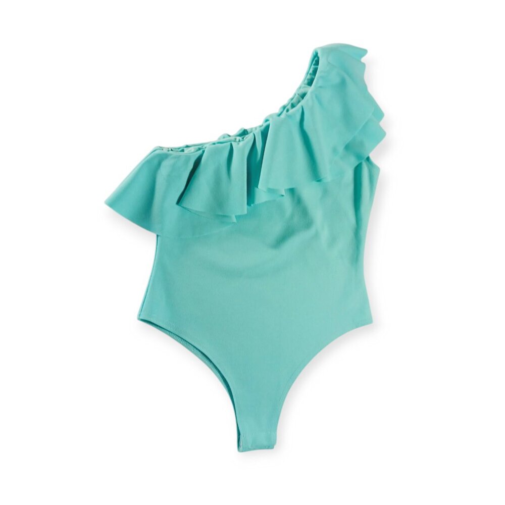 boohoo, NWOT One Shoulder Ruffled Aqua Bodysuit Size 6 Bodycon, Beachy, Vacation